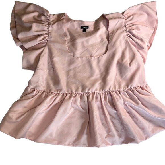 Express Plus size XL Square Neck Flutter Sleeve Peplum Babydoll Top Soft Pink - Picture 1 of 7
